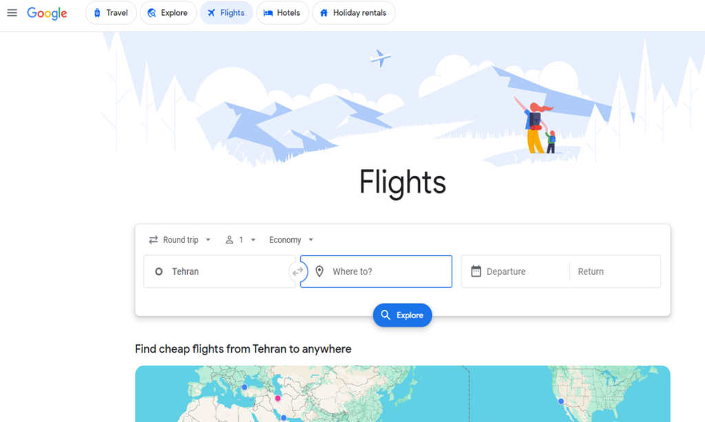 تصویری از صفحه اول google flights